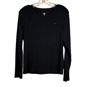 Tommy Hilfiger 100% Cotton Long Sleeve T-Shirt, Black, Embroidered Logo, Size XL